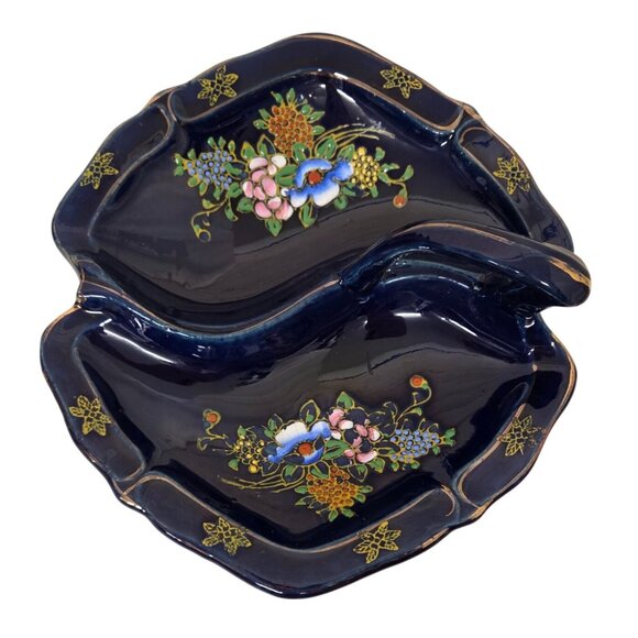 Vintage Japan Ceramic Blue Floral Divided Serving Dish w/ Handle Nuts Candy - Picture 3 of 5